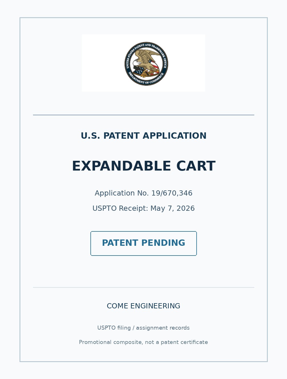 미국 특허청 문장을 활용한 EXPANDABLE CART 미국 특허 출원 중 홍보용 표지